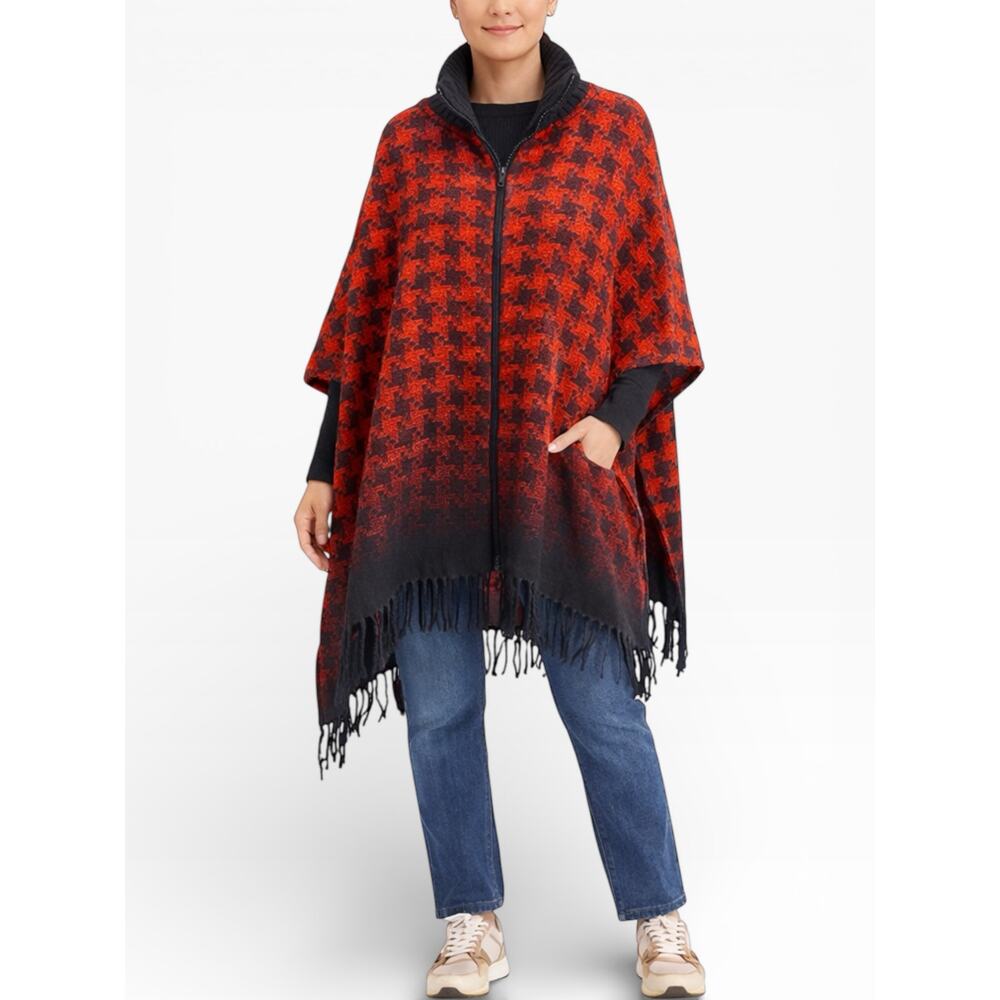 Marc New York Andrew Marc Houndstooth Fringe Poncho Cape Red Black One Size NWT